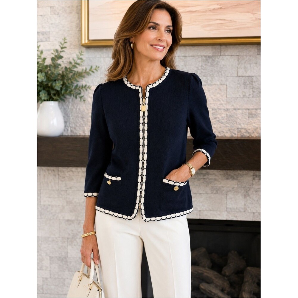 St. John Santana Knit Navy Bouclé Trim Zip Jacket Gold Hardware Size 6